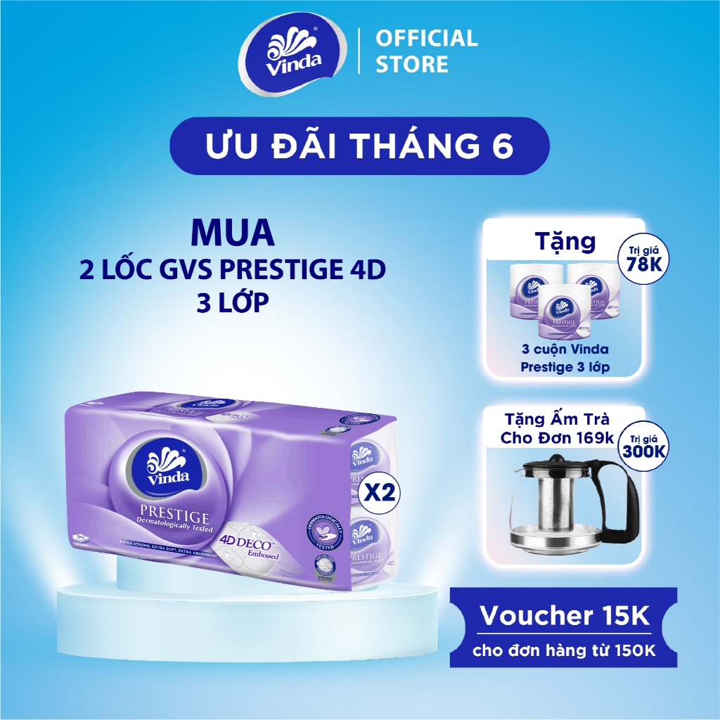 [MUA 2 LỐC GVS PRESTIGE 4D TẶNG 3 CUỘN] Giấy vệ sinh cao cấp Vinda Prestige 4D 3 lớp (8 Cuộn)