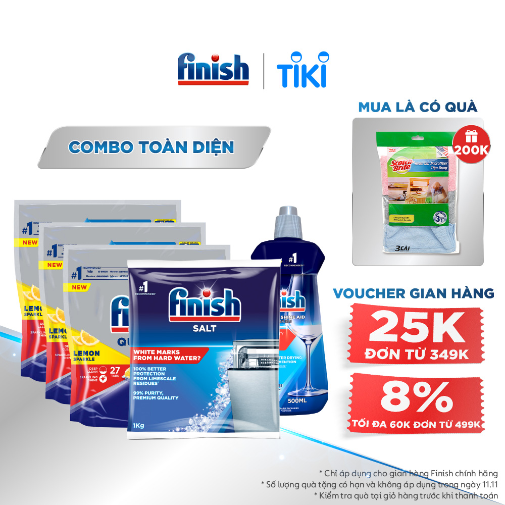 Combo Finish toàn diện: Bộ 3 túi viên rửa chén Quantum 27 viên + Nước làm bóng 500ml + Muối rửa chén bát 1kg