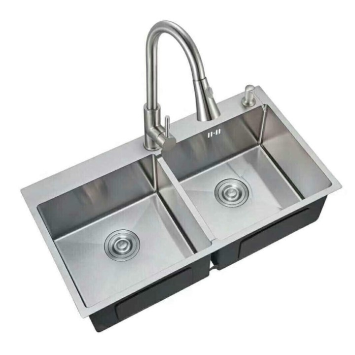 Chậu Rửa Bát Inox Đúc Nguyên Khối 82x45cm 2 Hố Cân (Kèm Kệ Để Đồ Đa Năng - Đã Bao Gồm Bộ Xả)