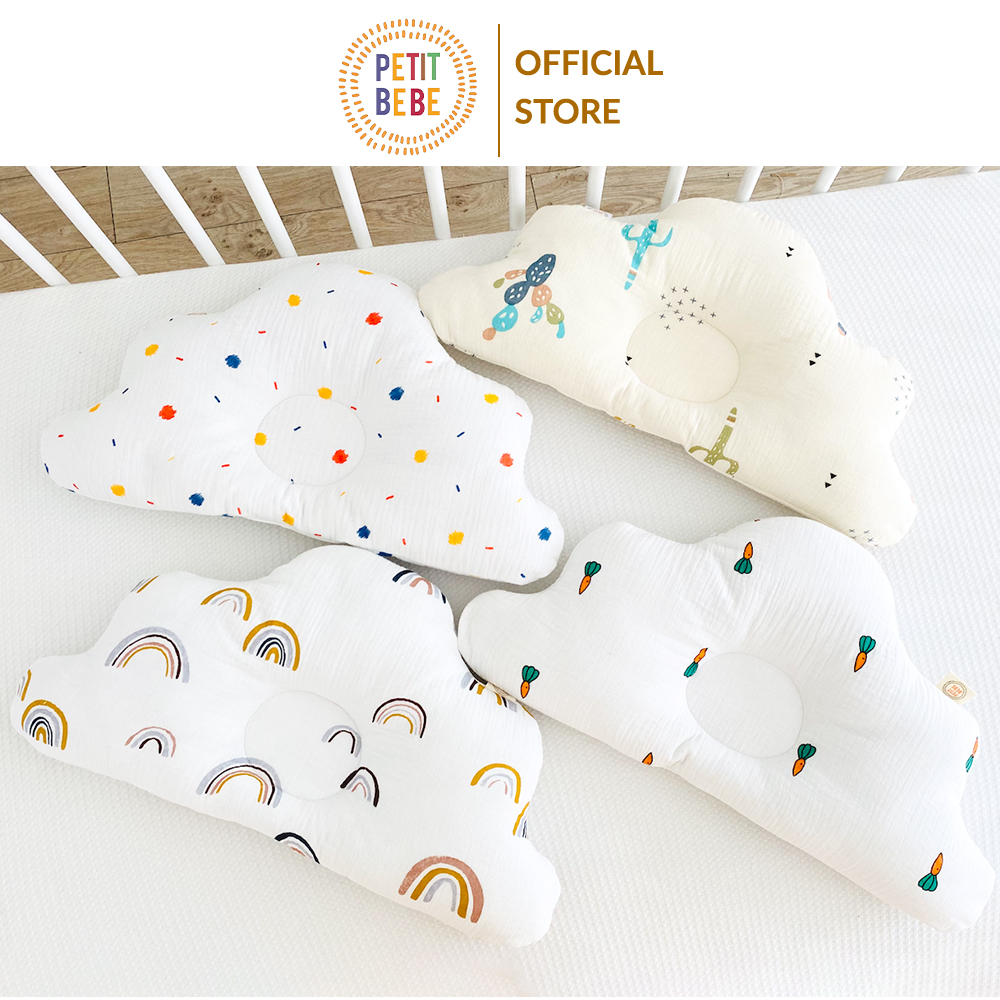 Gối lõm chống bẹp đầu hình mây PETIT BEBE muslin thấm hút thoáng khí cho bé từ 3 tháng tuổi