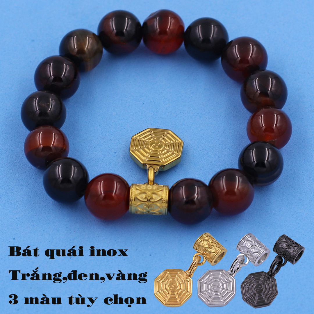 Chuỗi tay Đá Thạch Anh Nâu 12 ly - Vòng Chuỗi Charm bát quái inox VTANBQV12 - Hợp mệnh Thổ
