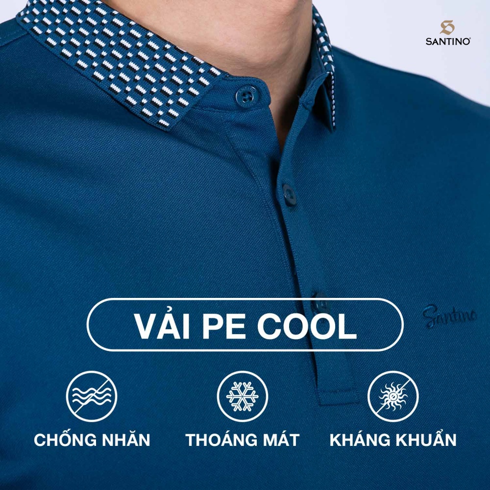 Áo Polo nam Cá Sấu SANTINO form chuẩn, xanh phối bo cổ, co giãn, chống nhăn - E005