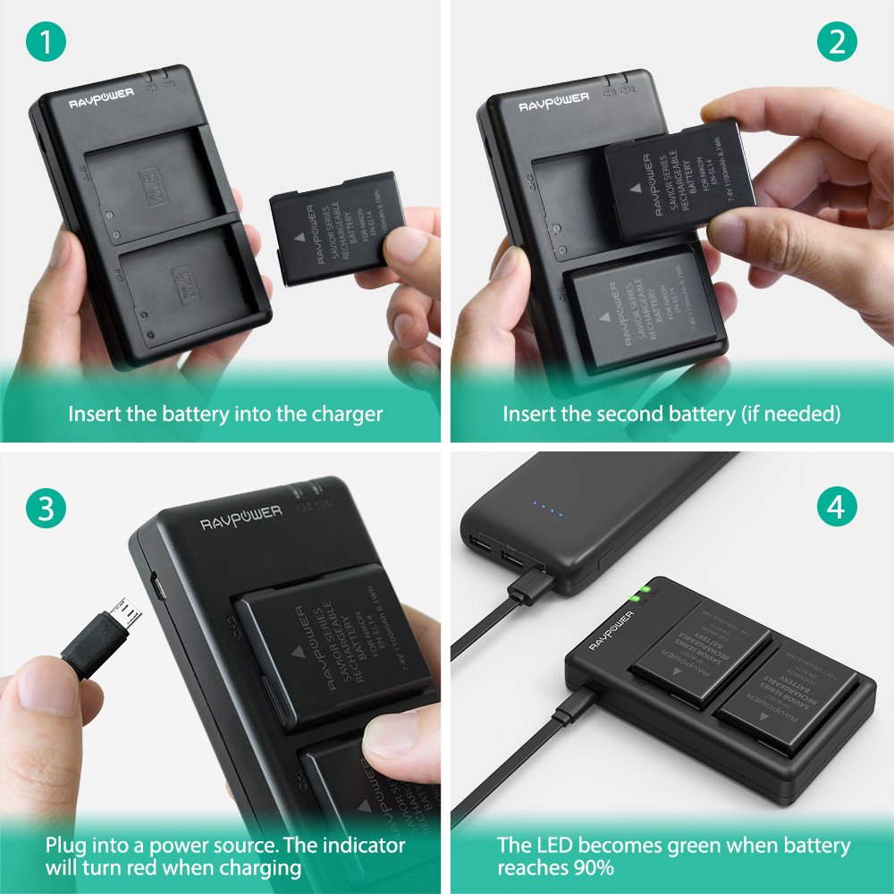 Bộ 2 Pin + 1 Sạc đôi Ravpower EN-EL14 Cho NikoN D3100, D3200, D3300, D3400, D5100, D5200, D5300, D5500, D5600 Coolpix P7000, P7100, P7200, P7700, P7800, P8000 và Nikon DF