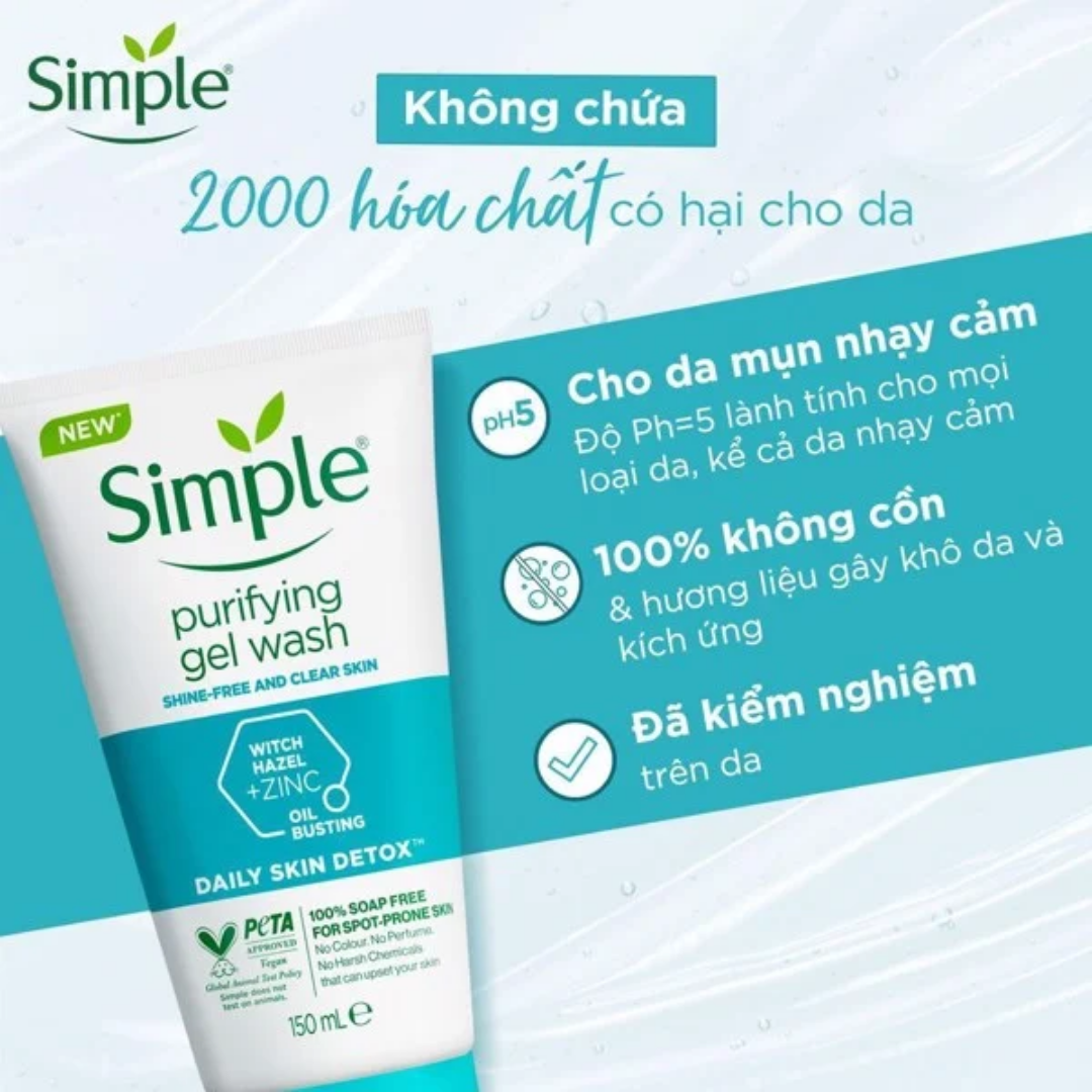 Sữa rửa mặt SIMPLE Purifying Gel Wash kiềm dầu, ngừa mụn hiệu quả - cho da dầu mụn 150ml