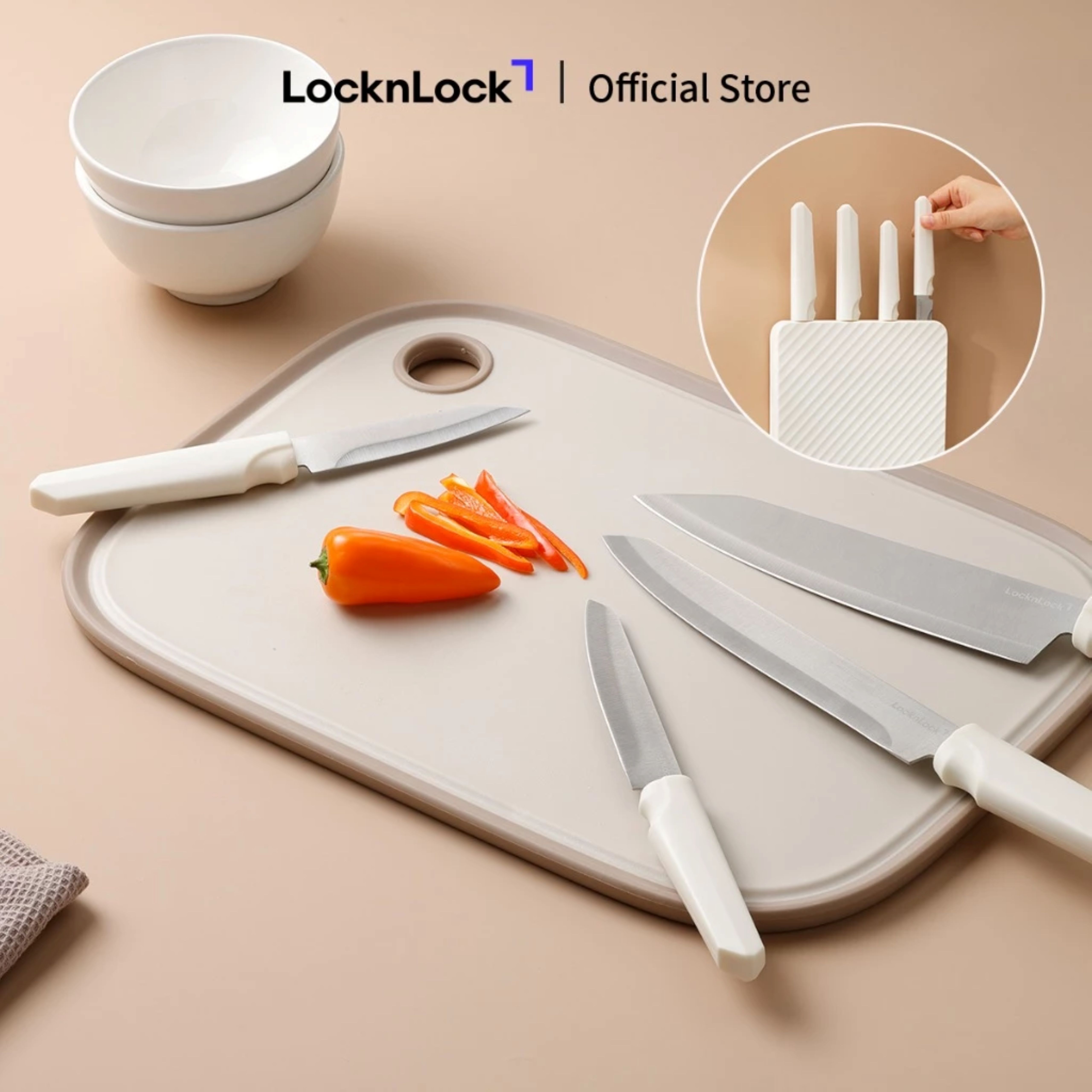 Bộ dao nhà bếp 5 món hiệu LocknLock Wall Mounted Knife Set CKK307S5 có hộp đựng - Màu trắng