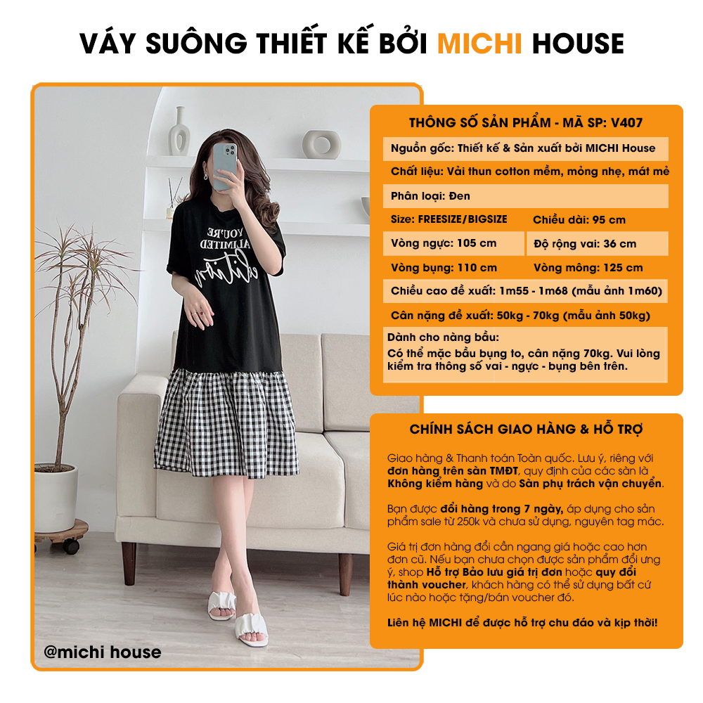 Đầm Thun Phối Kẻ Đuôi Cá Form Rộng MICHI House - V407 Váy Xuông Cổ tròn Tay Ngắn Freesize Mặc Bầu Xinh