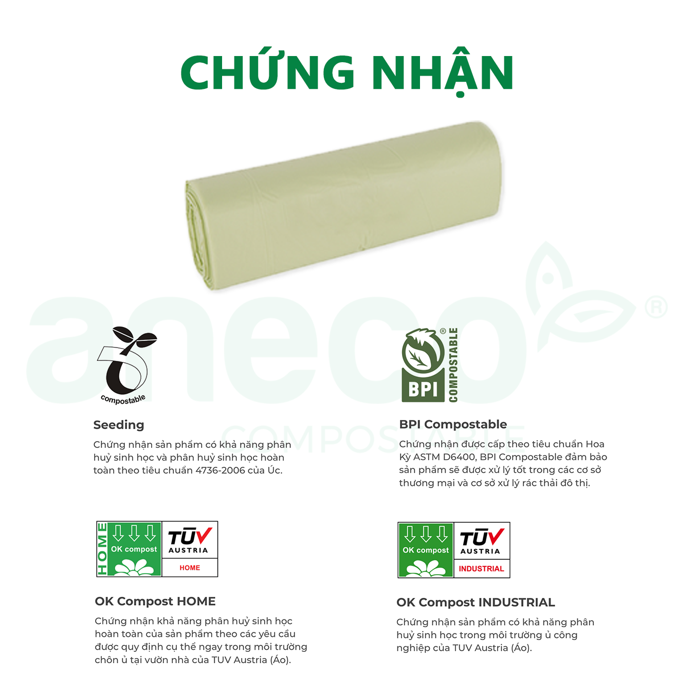 Túi rác dạng cuộn ANECO phân hủy sinh học hoàn toàn (1kg)