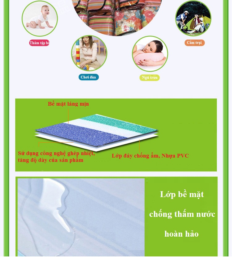 Thảm Du Lịch Dã Ngoại Gấp Gọn Tiện Dụng - Chống Thấm - Có Quai Xách - 1,8m - Chính Hãng