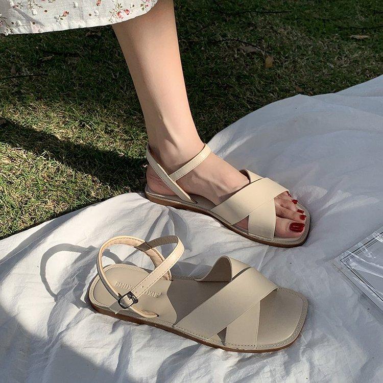 Fashion Square Open Toe One Line Buckle Flat Sandals for Women