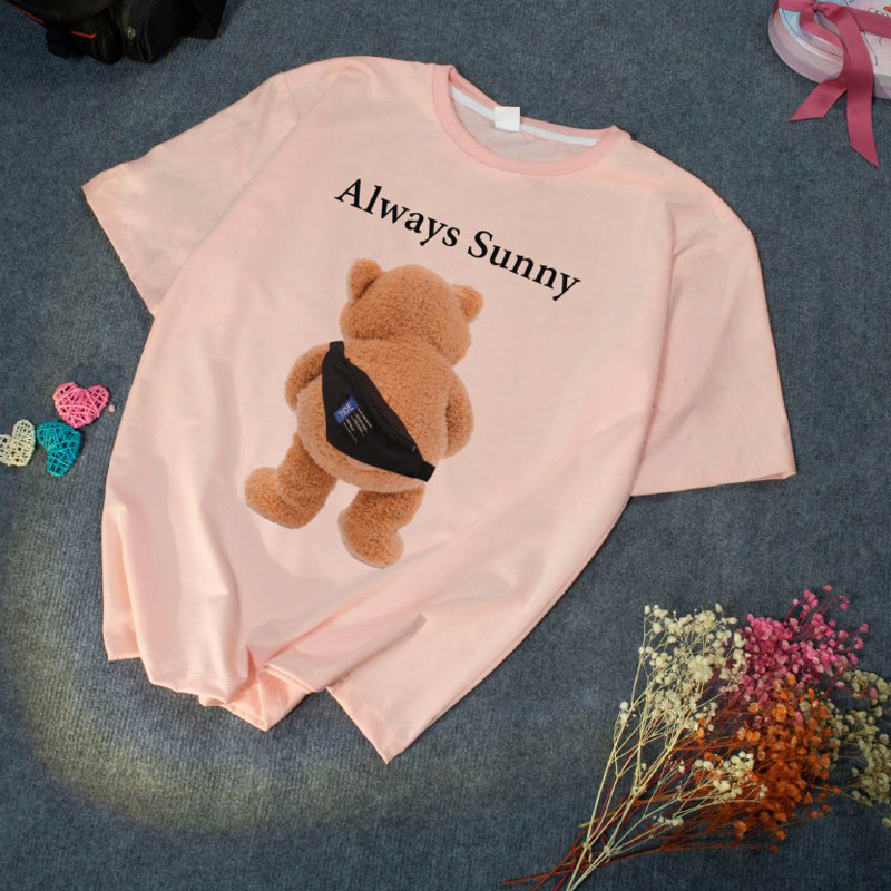 Áo Thun Nữ Màu Hồng Cà Rốt In Chữ Always Sunny Gấu