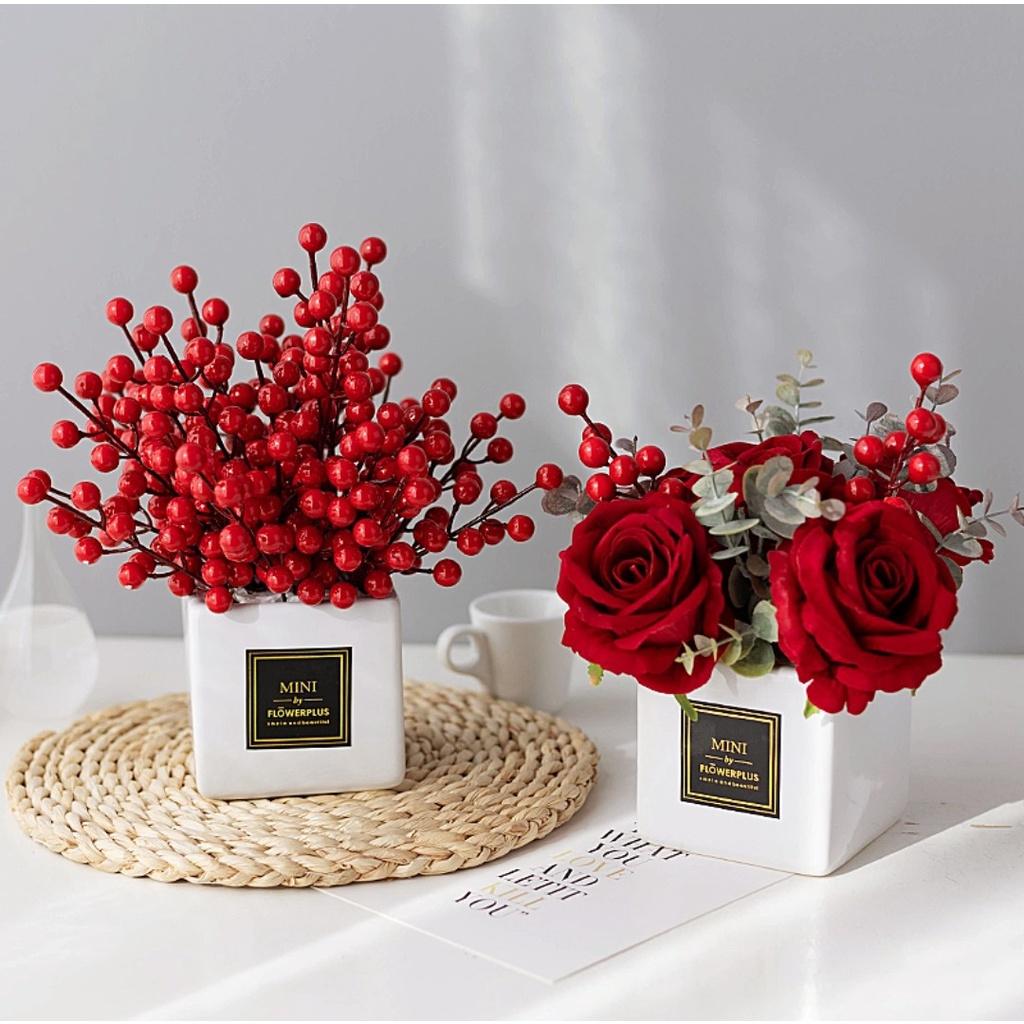 Hoa giả, lọ hoa hồng nhung mix đào đông 20cm đẹp để bàn trang trí phòng, làm hộp quà tặng người thân ý nghĩa HN-01