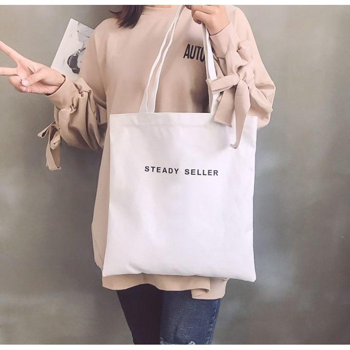 Túi Tote Vuông In Steady Seller TT35 Vải canvas Hàn Quốc có khóa kéo miệng và Túi Mini bên trong - PÉ HEO SHOP - TT35 Vuông Đen