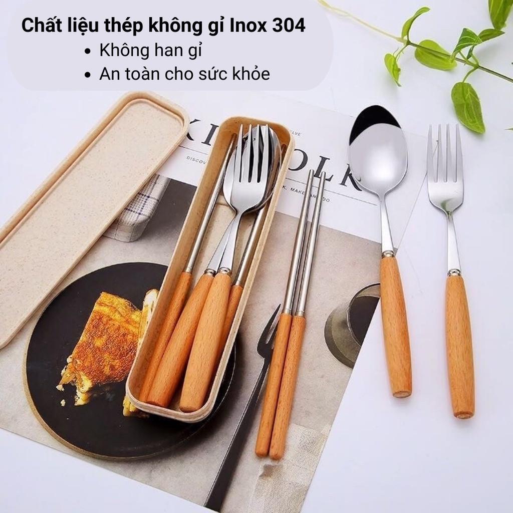 Bộ Thìa, Đũa,Dĩa Inox Cán Gỗ Sồi Cầm Tay Tặng Kèm Hộp Đựng Lúa Mạch
