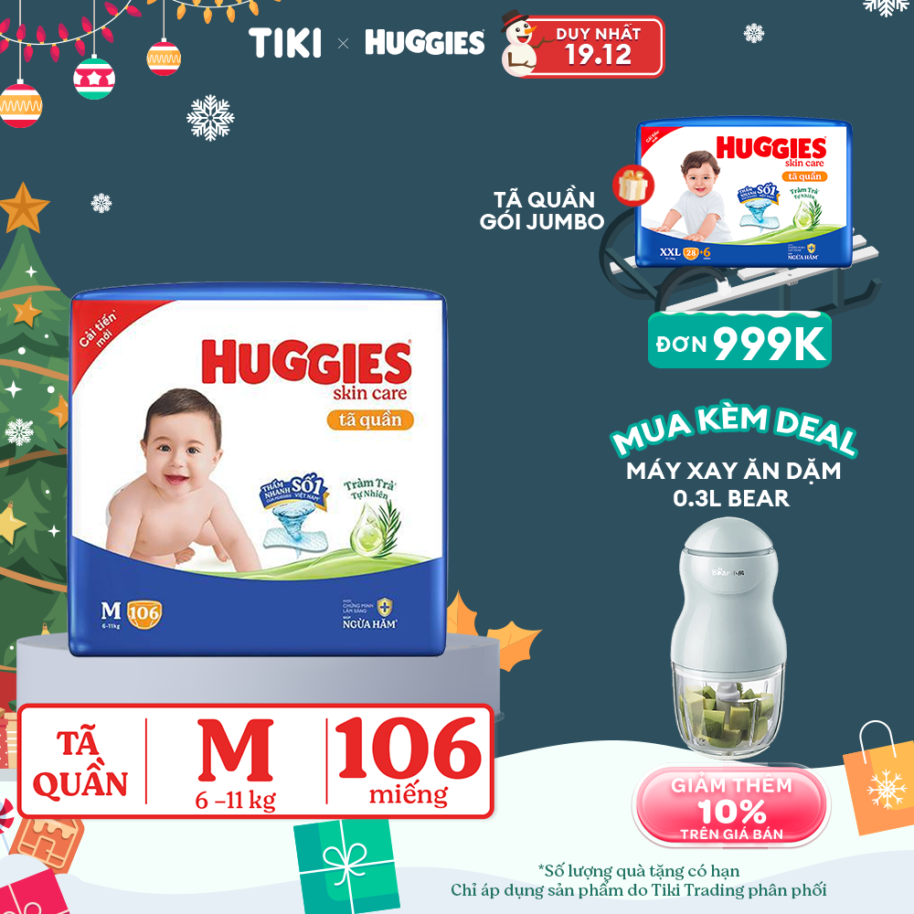 Tã/bỉm quần Huggies Skin Care Mega Jumbo M102+4 miếng với tràm trà dịu da