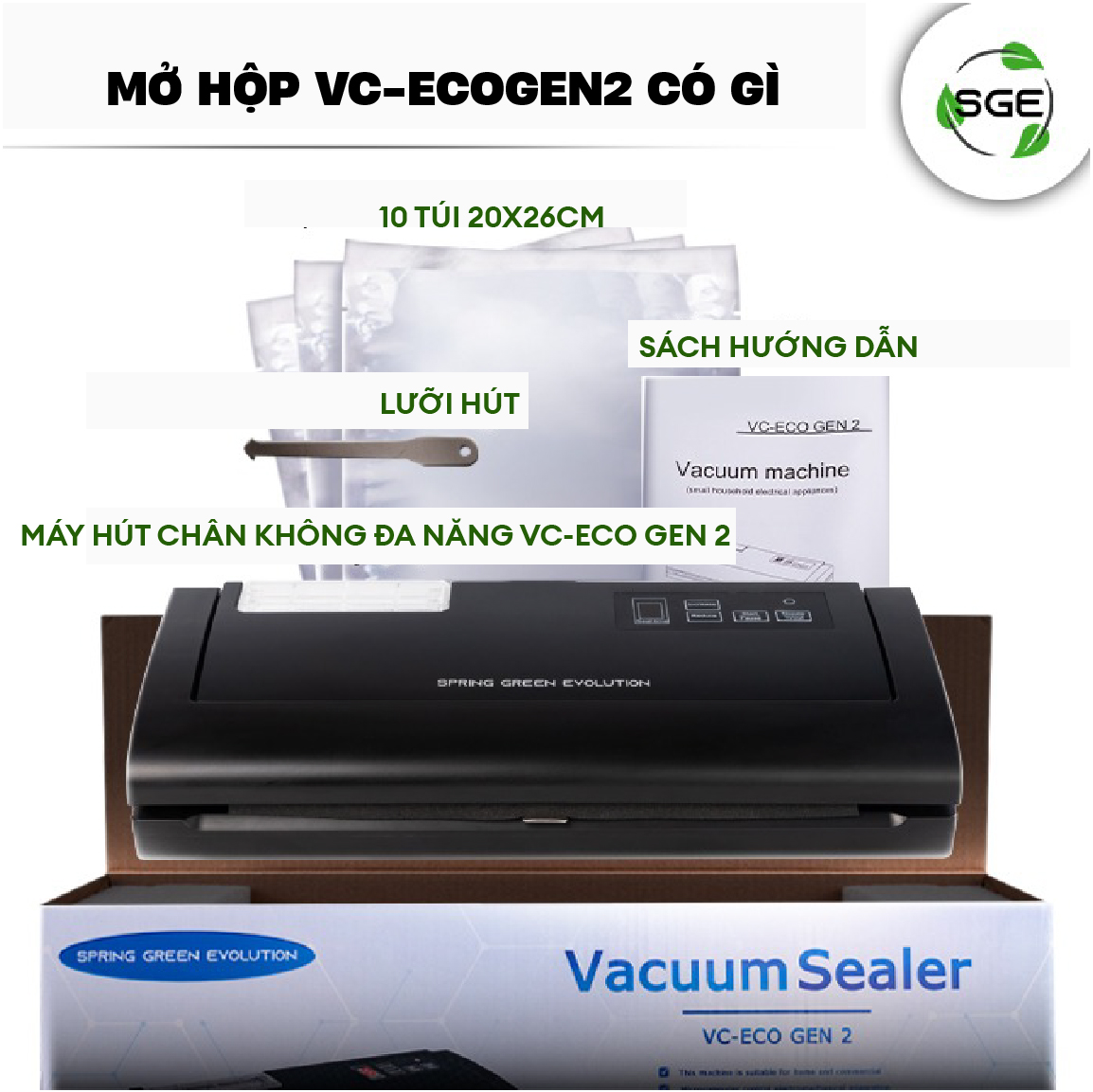  Máy Hút Chân Không Thế Hệ Mới VC-ECO GEN 2. Hút Mọi Loại Túi, Không Kén Túi, Hút Được Nước. Hàng Nhập Khẩu SGE Thailand