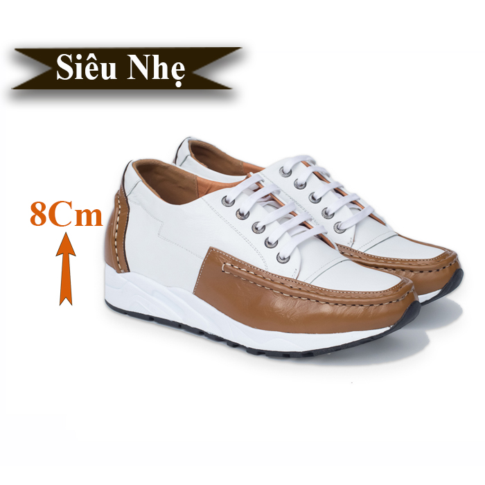 Giày Tăng Chiều Cao Nam Siêu Nhẹ T&TRA Tăng Cao 8Cm- T27 Trắng Nâu- Chất Liệu Da Bò Cao Cấp, Đế và Lót Tăng Cao Chất Liệu EVA Siêu Nhẹ, Trọng Lượng Nhẹ Hơn 30% So Với Đế Cao Su