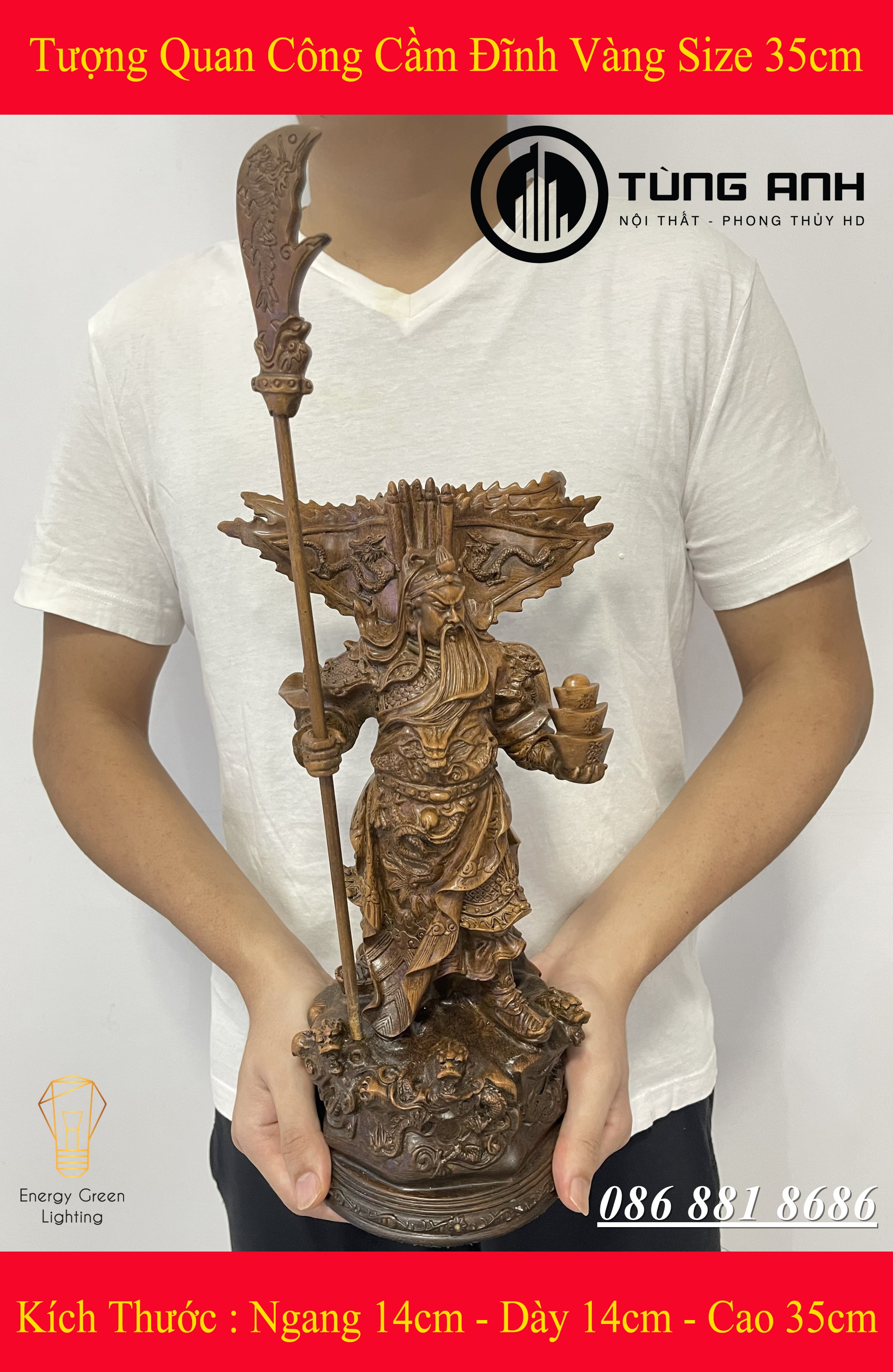 Tượng Quan Công Cầm Đĩnh Vàng Size 35cm - Mang Lại Sự May Mắn , Tài Lộc , Bình An - Có Video Thực Tế