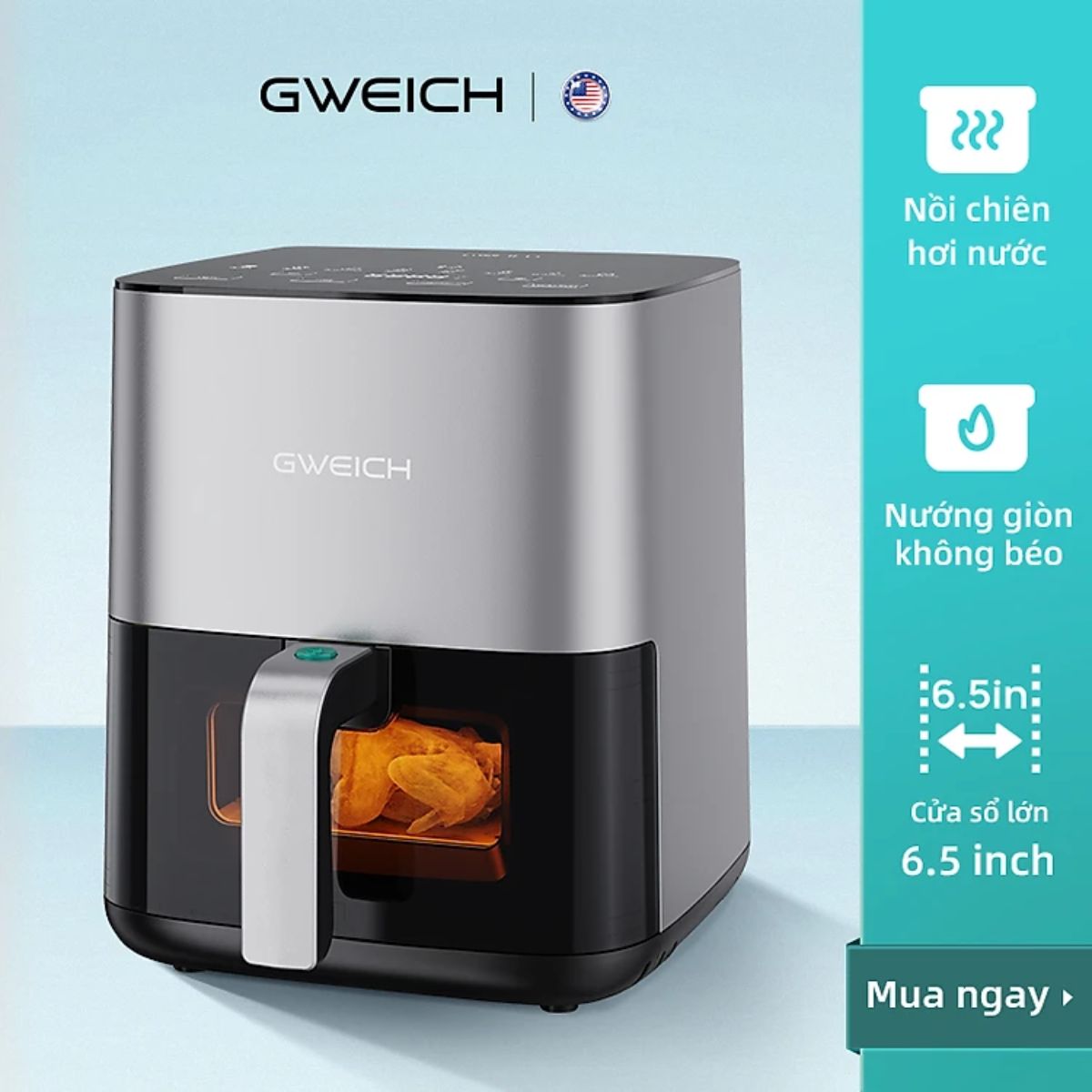 Nồi chiên không dầu GWEICH 5.5L GWA-55E02 dung tích 5.5L công suất 1450W công nghệ nướng kiểu Mỹ - Hàng chính hãng