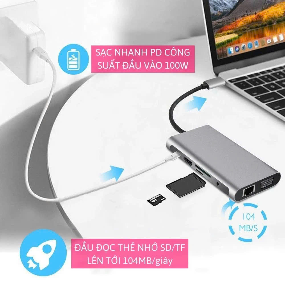 Hub Chuyển Đổi USB Type C - 11 in 1 - HDMI, USB 3.0, PD, SD, TF, RJ45, Audio 3.5mm USB 2.0 VGA - Tốc Độ Cao, Hàng Chính Hãng