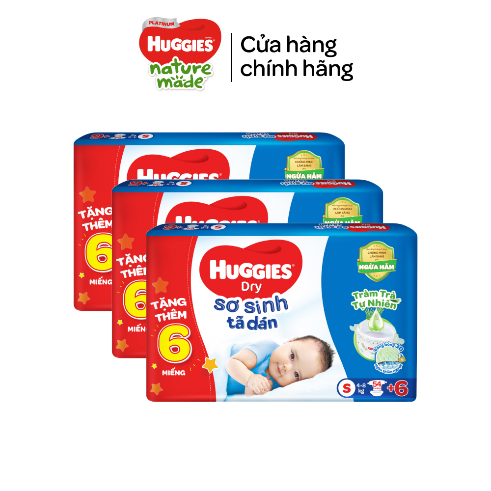 Thùng 3 gói Tã dán sơ sinh Huggies Tràm Trà NB70/S54/S80