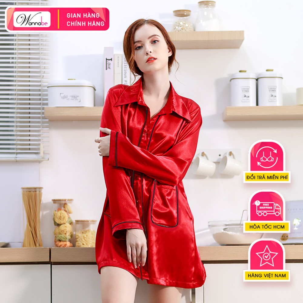 Đầm ngủ sơ mi lụa cao cấp WANNABE DNS44 váy ngủ kiểu dáng pijama rộng rãi thoải mái tay dài viền gân nổi có túi tiện lợi