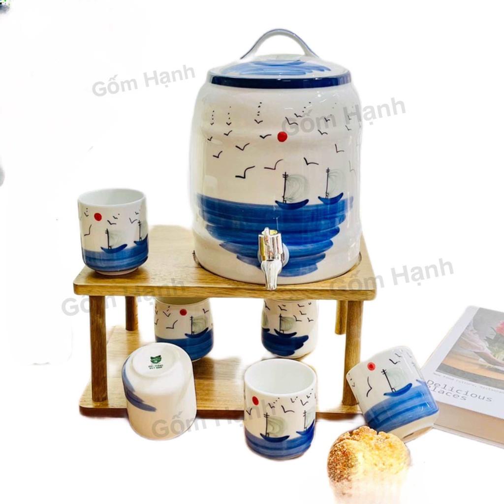 Bộ bình nước uống nước 4l-9l hoa văn dễ thương gốm Bát tràng gồm giá kệ, bình gốm, cốc uống nước