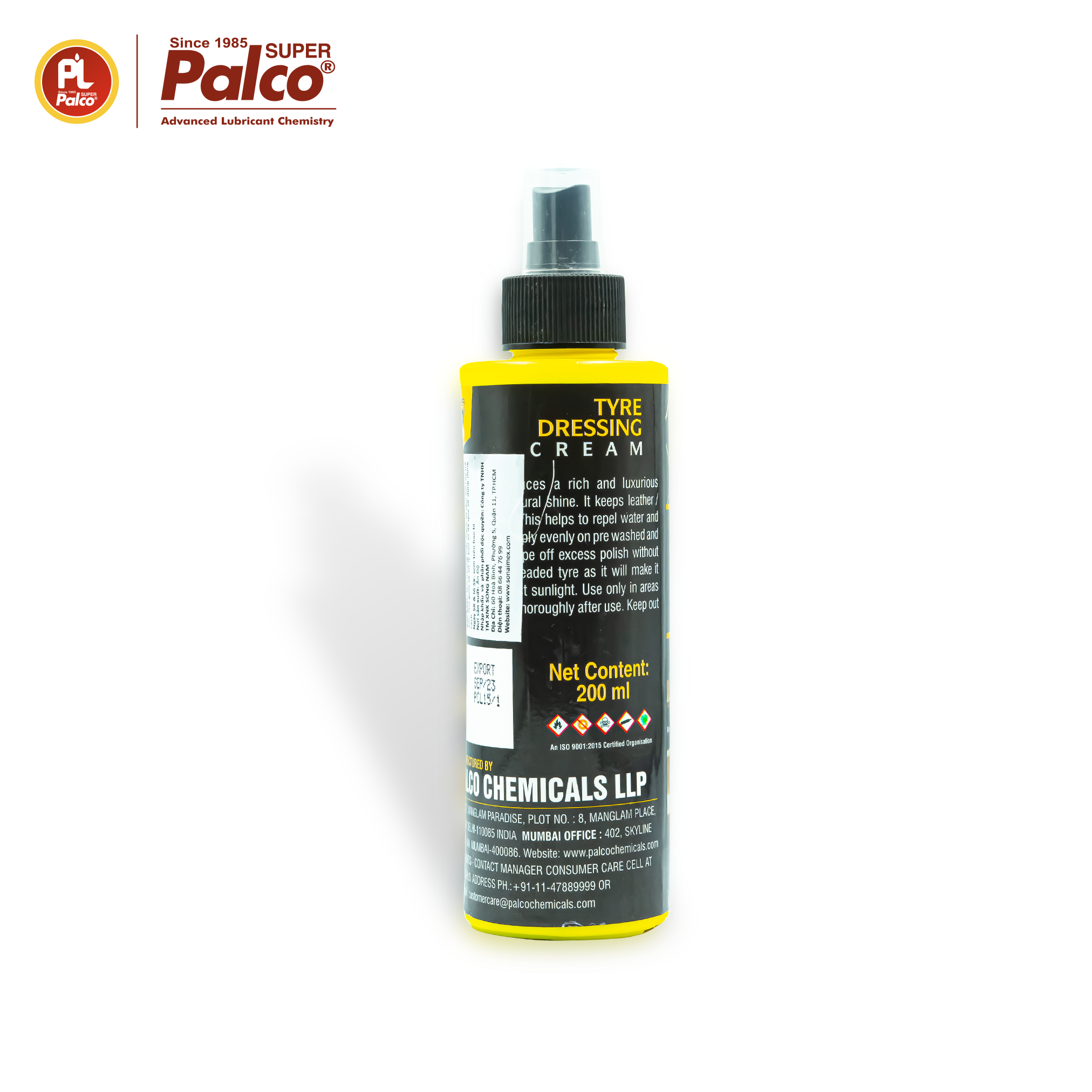 Dung dịch xịt dưỡng lốp xe ô tô cao cấp, chống lão hoá, chống bám bẩn PALCO Tyre Dressing Cream - Chai 200ml - Nhập khẩu Ấn Độ