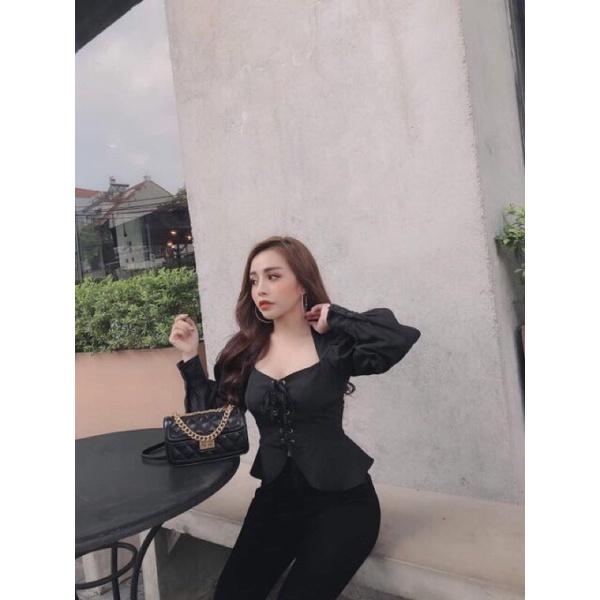 Áo croptop đan dây tay phồng dài có ảnh thật