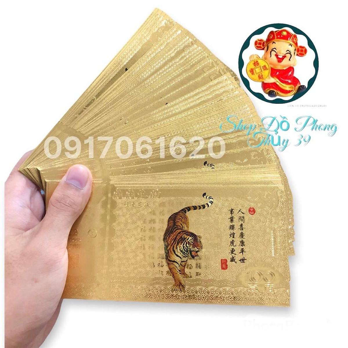 Sấp 100 Tờ Tiền Lưu Niệm Nhựa Plastic Mạ Vàng MẪU 1 In Màu Hình Con Cọp - Hổ Phong Thủy May Mắn Lì Xì Tết