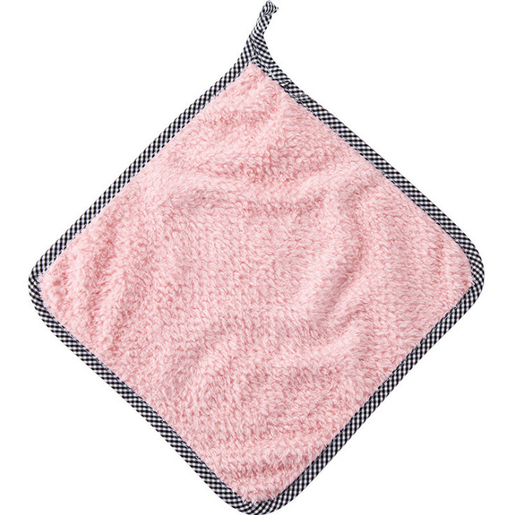 Khăn lau tay nhà bếp viền kẻ caro có móc treo 27.5x25cm - Hồng