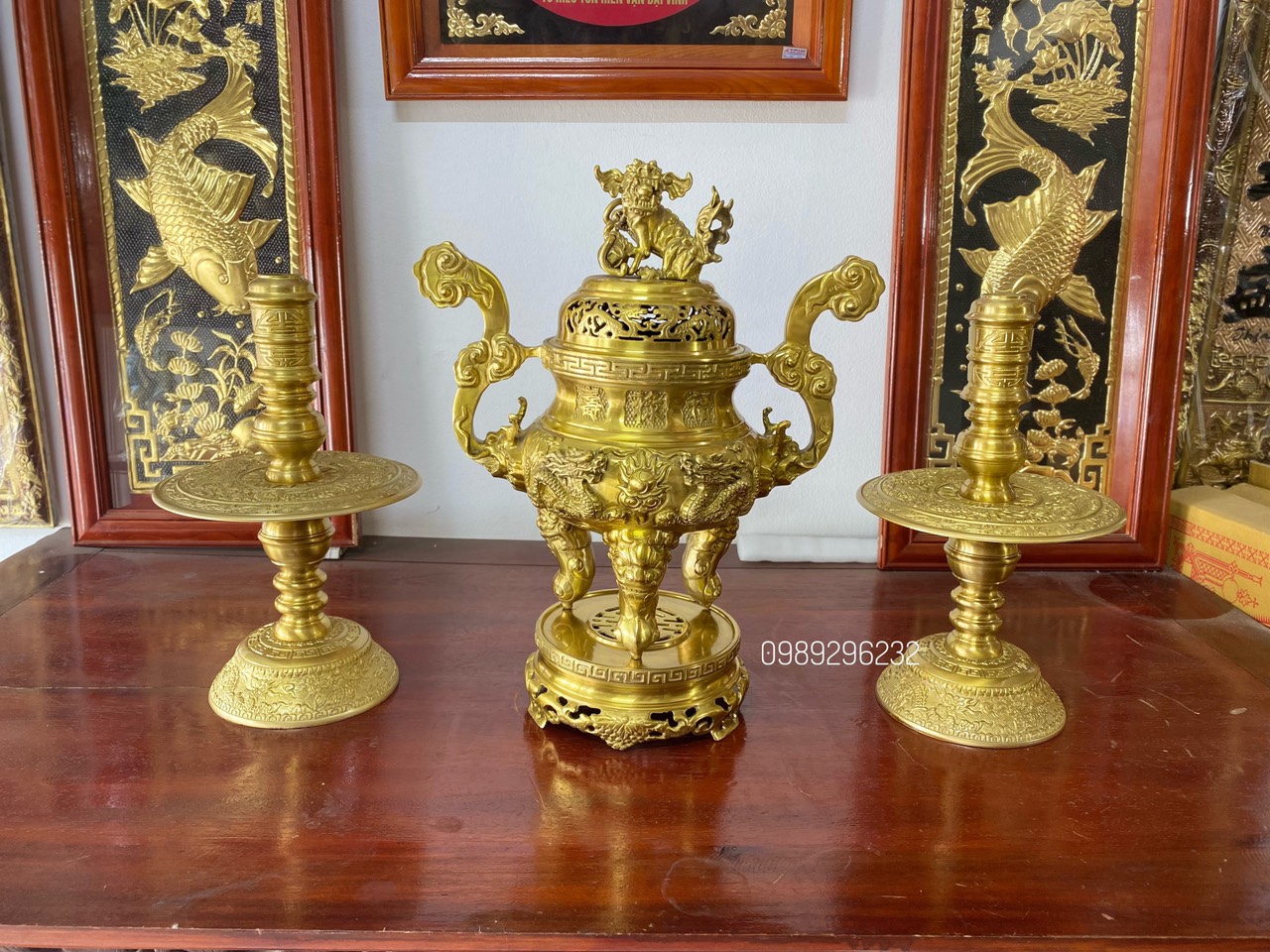 Bộ Lư Đỉnh đồng vàng cao 50cm đẹp