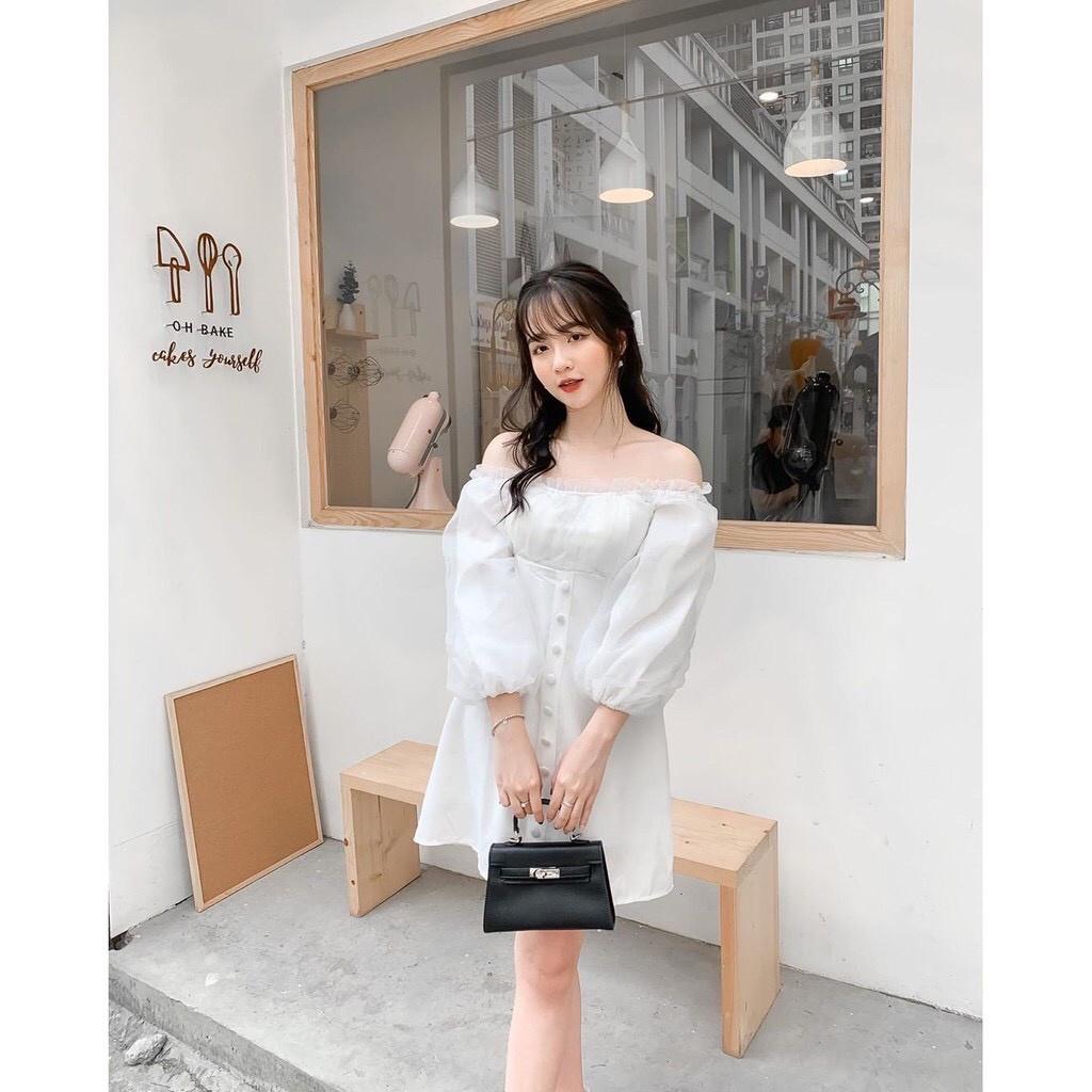 Váy trắng, váy babydoll trễ vai tiểu thư tay bồng hở lưng, mặc đi biển, đi chơi, đầm dự tiệc sang trọng siêu xinh,VAY003