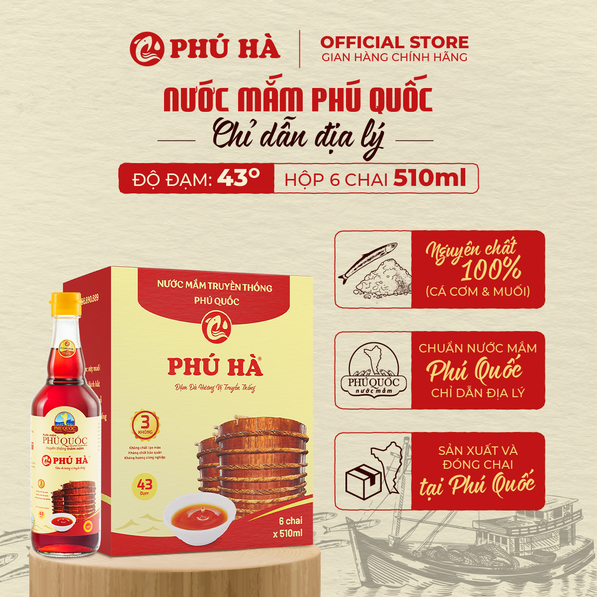 Nước mắm Phú Quốc Chỉ Dẫn Địa Lý Phú Hà 43 độ đạm - Hộp 6 chai 510ml