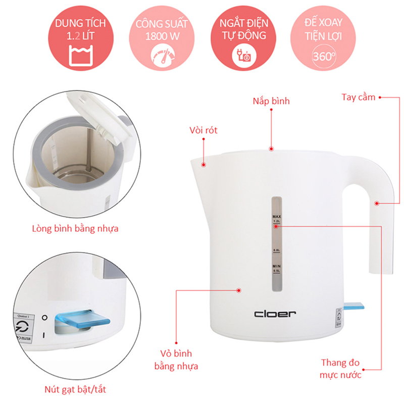 Bình - Ấm đun nước siêu tốc Cloer 4121 - 1.2 lít, 1800W