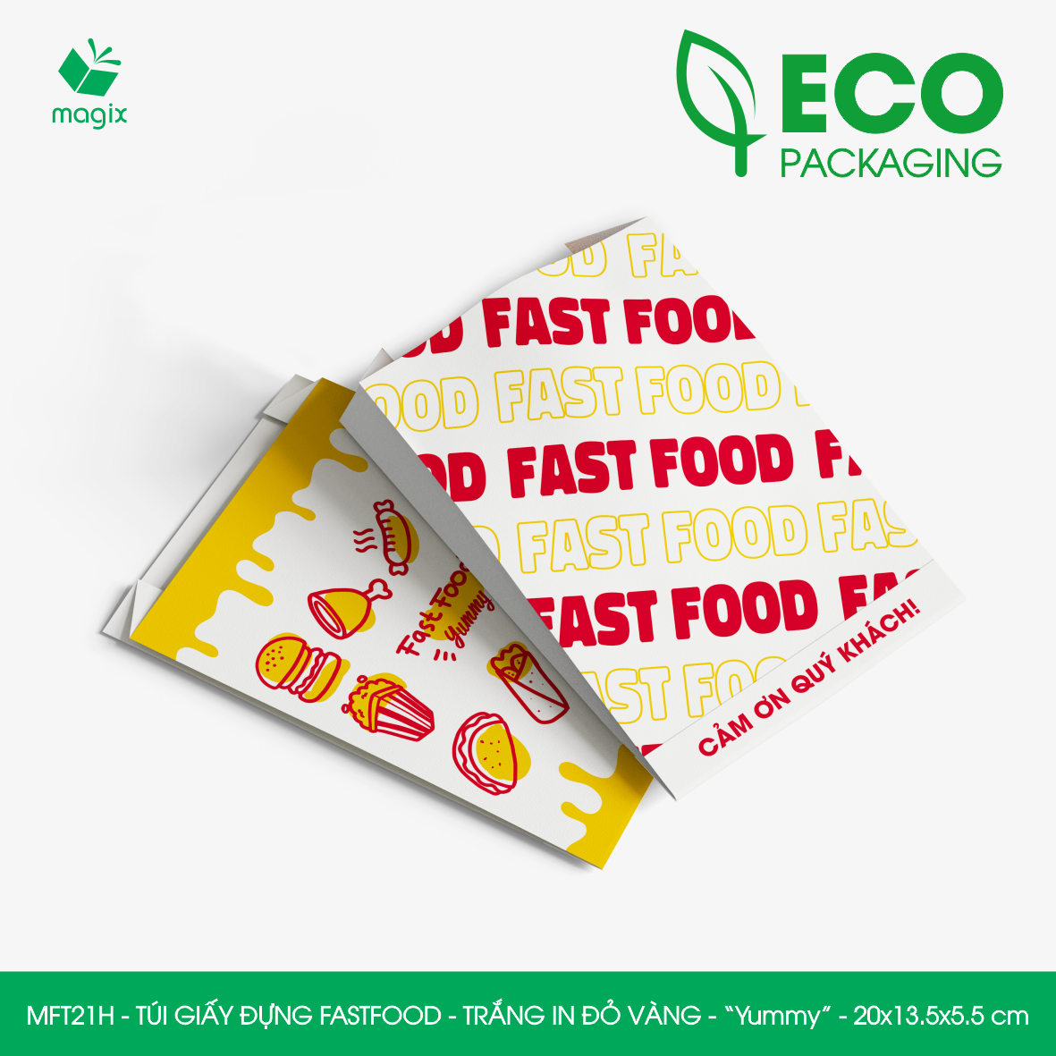 MFT21H - 20x13.5x5.5 cm - 1000 Túi giấy MG đựng fastfood, túi đựng thực phẩm