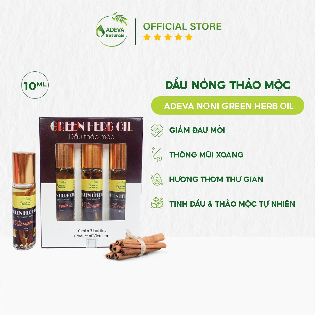 Dầu thảo dược Adeva Naturals - Green herb oil - Sản phẩm của Việt Nam - Dầu thảo mộc giúp thư giãn, giảm đau nhức, làm dịu vết côn trùng cắn, hít ngửi làm thông mũi, họng.