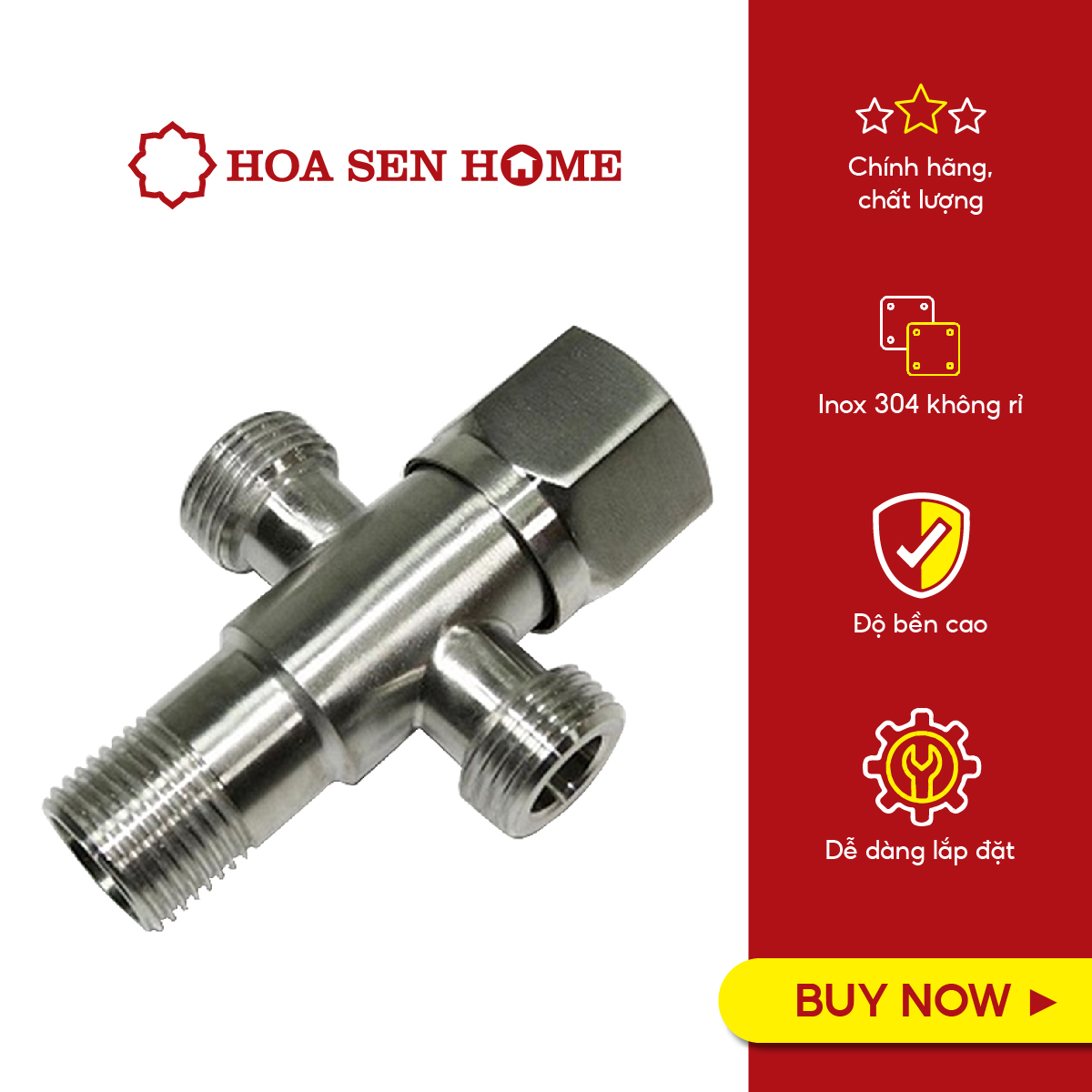Van góc chữ T 304 TUSLO COCVT0001 1 đầu cấp nước và 2 nhánh cấp ra, có khóa, inox 304 không gỉ sét - Hoa Sen Home - Hàng chính hãng