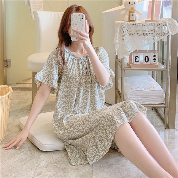 Váy đầm ngủ ngắn tay mặc hàng ngày vải Cotton lụa thoáng mát, váy lanh mặc bầu, áo ngủ nữ dáng suông bigsize mã VAV0501