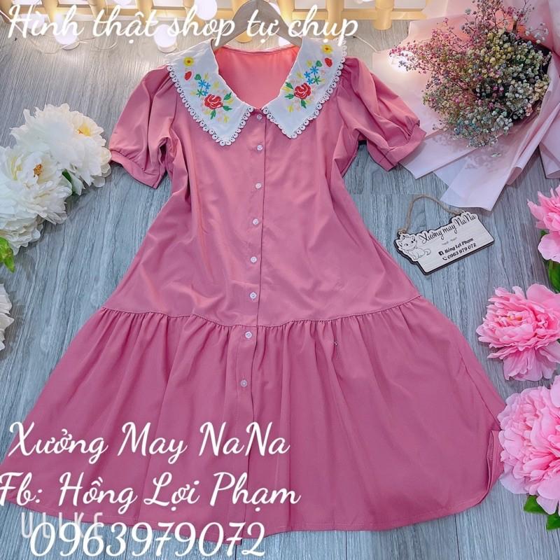 Đầm cổ thêu hoa tay phồng dễ thương