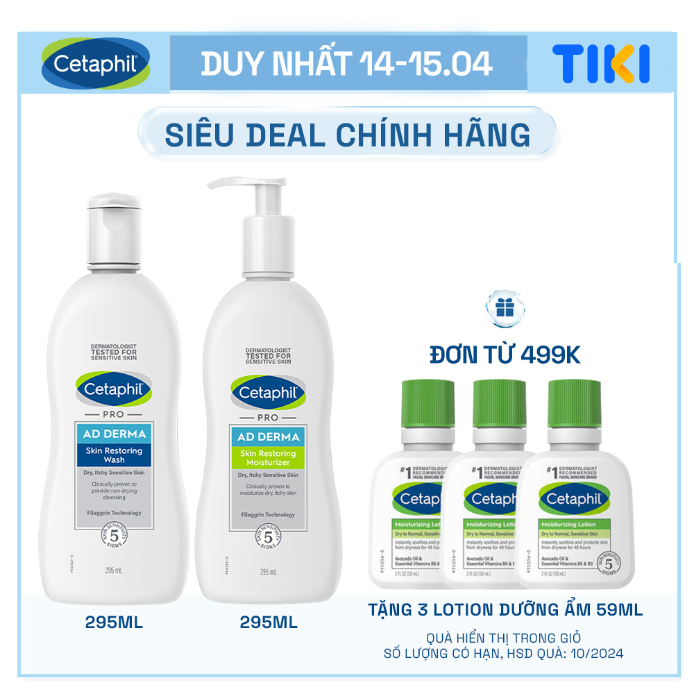 Combo Sữa tắm và kem dưỡng ẩm cho viêm da cơ địa Cetaphil Pro AD Derma Wash 295ml + Cetaphil Pro AD Derma Moisturizer 295ml