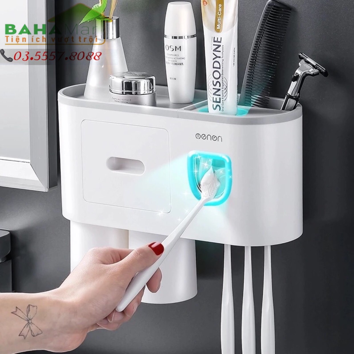 GIÁ ĐỂ TREO BÀN CHẢI NHẢ THUỐC ĐÁNH RĂNG TỰ ĐỘNG - 2 CỐC TREO NAM CHÂM NGƯỢC "BAHAMAR"
