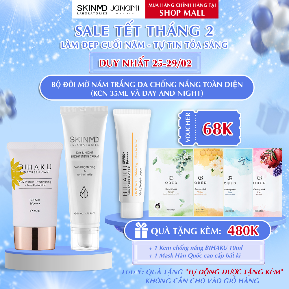 ộ đôi chống nắng mờ nám BIHAKU SUNSCREEN CARE SPF50+ PA++++ 35g và SKINMD DAY & NIGHT BRIGHTENING CREAM 50g giúp làm mờ nếp nhăn sáng da