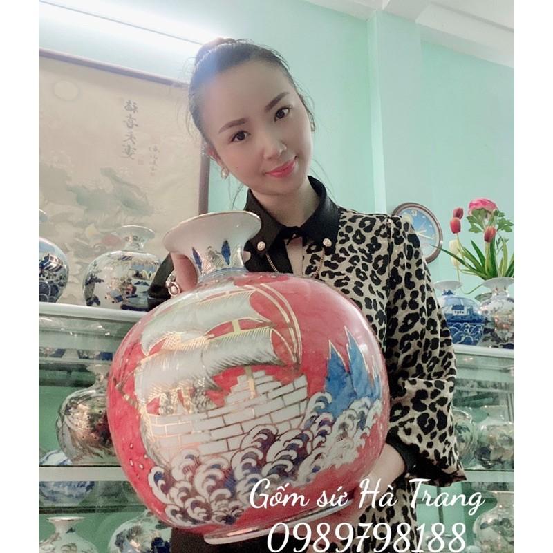 Bình hút tài lộc gốm sứ Bát Tràng cao cấp vẽ hoạ tiết thuận buồm xuôi gió cao 35cm men đỏ
