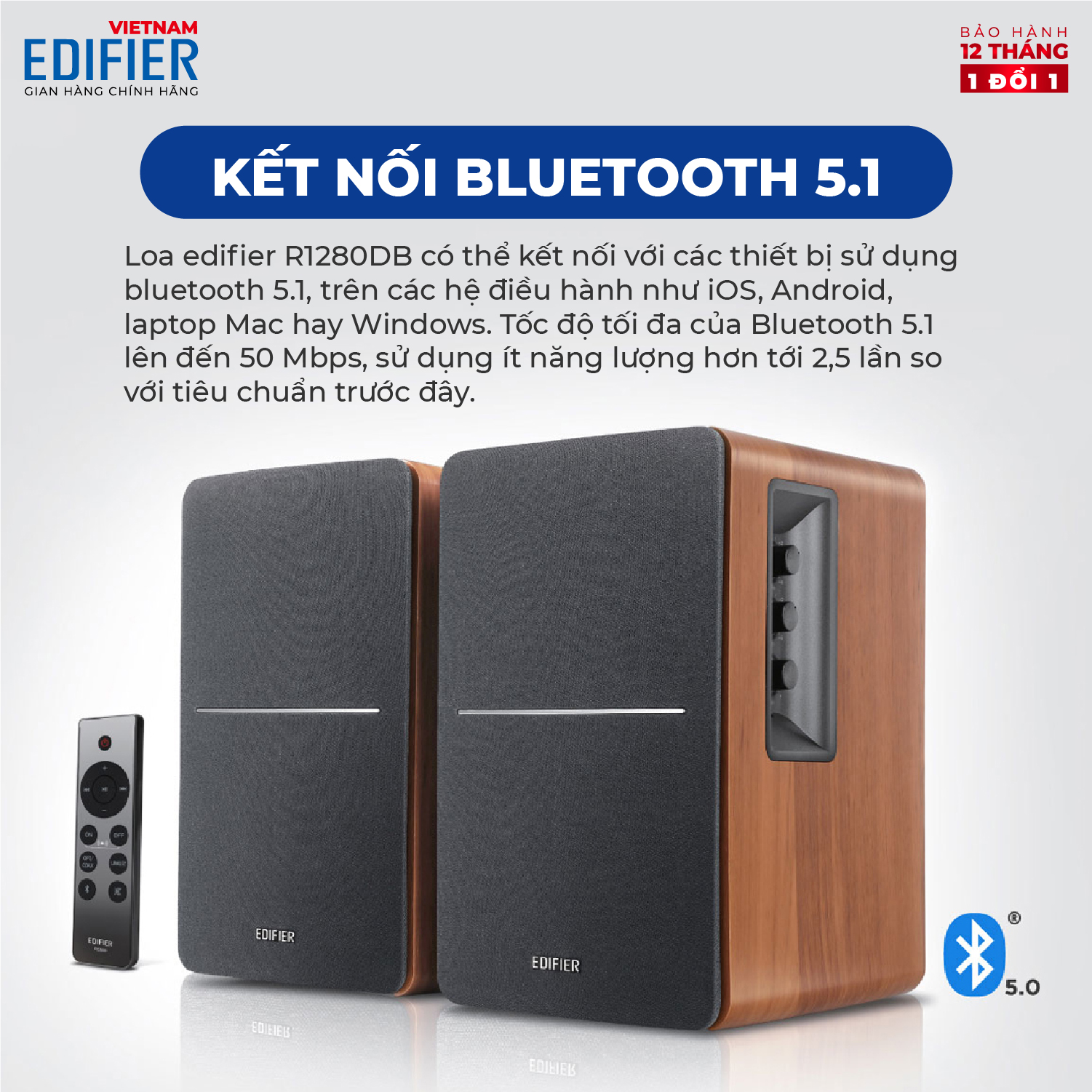 Bộ loa Bluetooth Bookshelf EDIFIER R1280DBs, Bluetooth 5.0, Subout - Hàng chính hãng