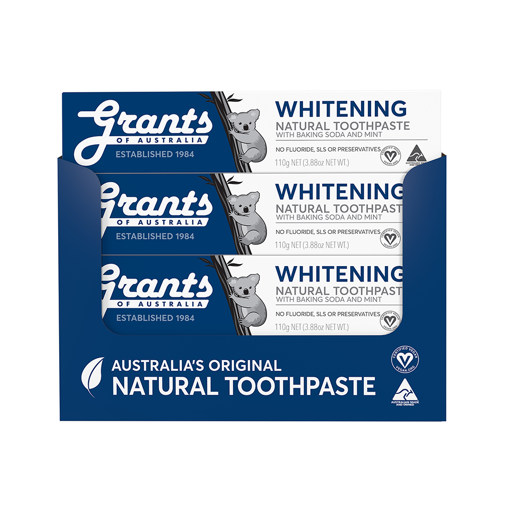 Kem đánh răng thảo dược trắng răng tự nhiên( Whitening) Grants 110g, với banking soda và bạc hà the mát - Bộ 3 tuýp, Với Banking soda và tinh chất bạc hà mạnh giúp làm trắng răng, đánh tan các mảng bám, làm dịu nướu