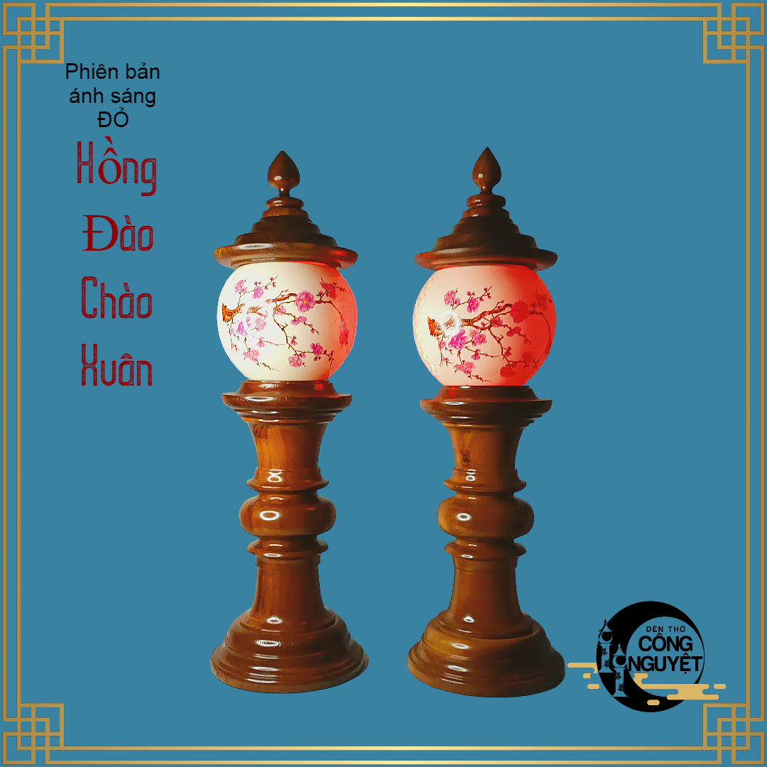 Đôi đèn thờ gỗ sứ cao cấp HỒNG ĐÀO CHÀO XUÂN
