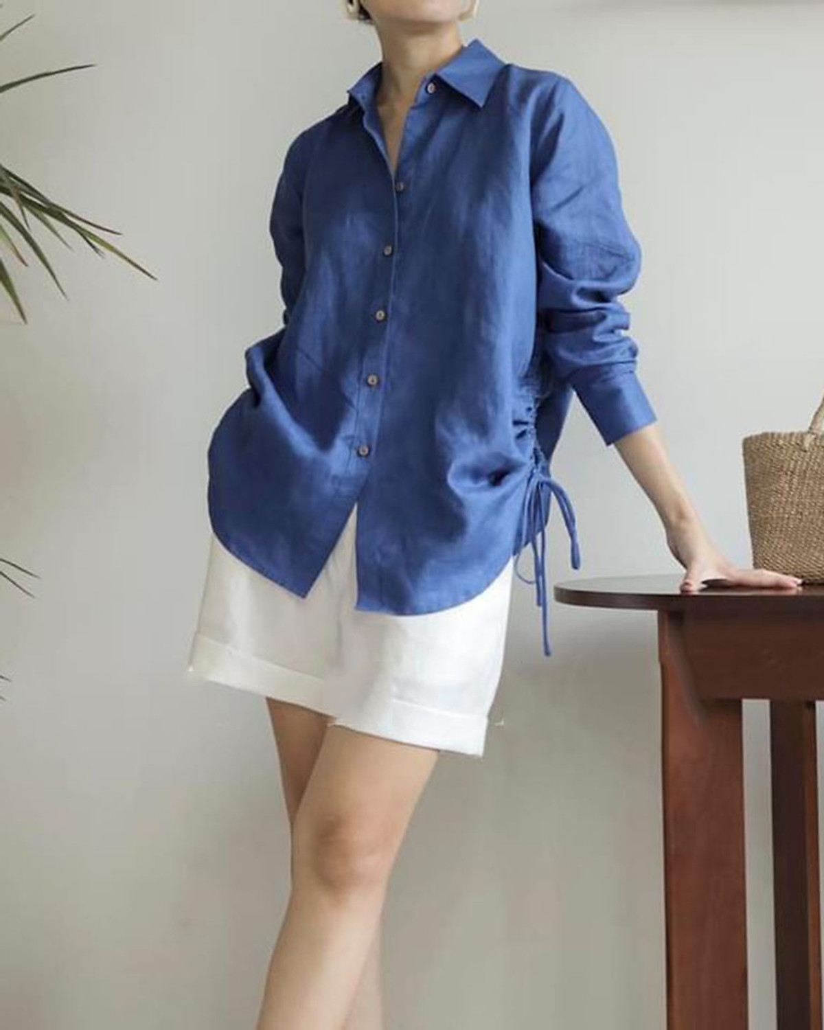 Sơ mi nữ linen form rộng rút eo trẻ trung