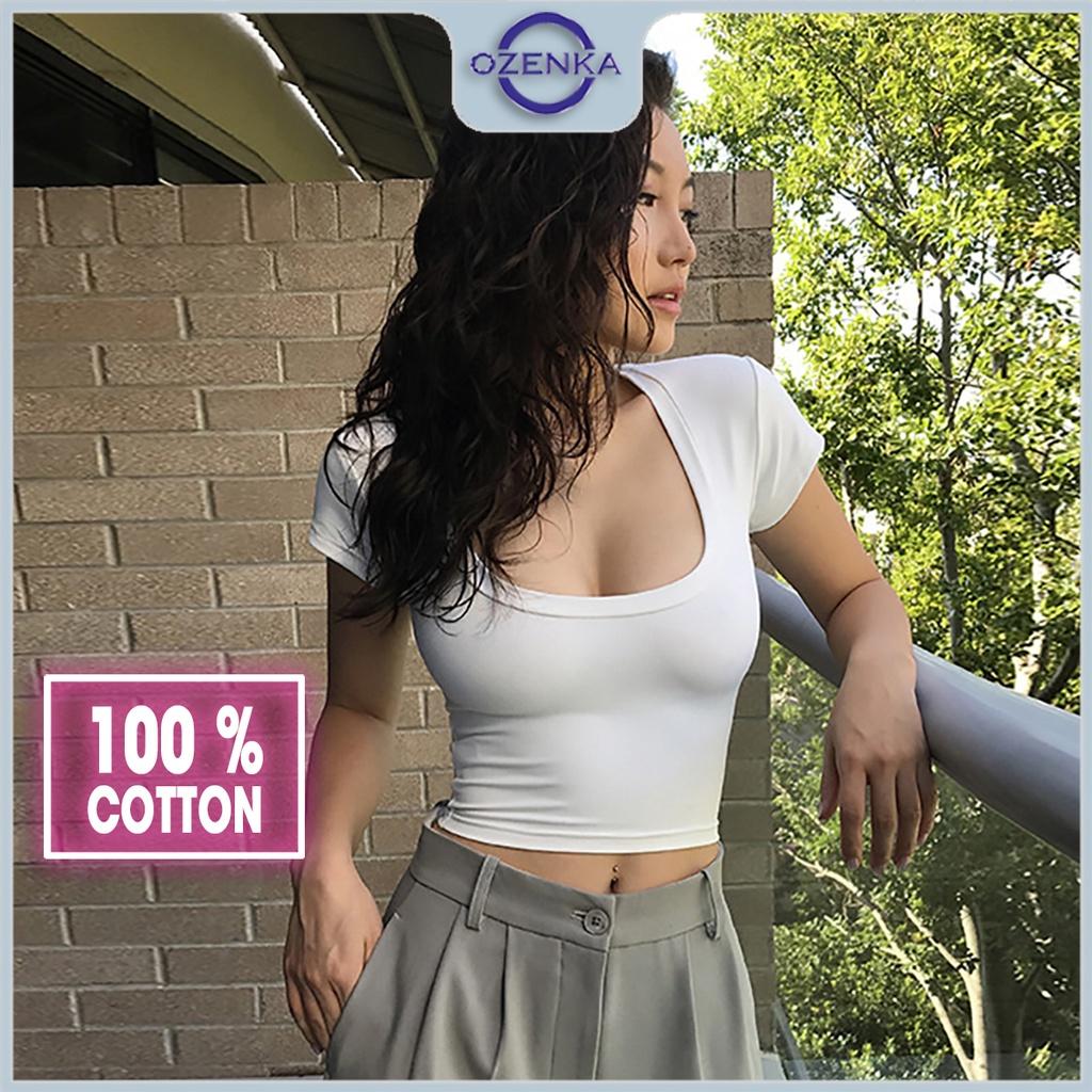 Áo croptop cổ rộng tay ngắn ôm nữ OZENKA , áo crt kiểu basic thun cotton màu đen trắng mặc đi chơi dưới 55 cân