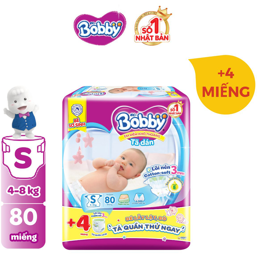 Tã dán Bobby siêu thấm - khô thoáng S80 + 6