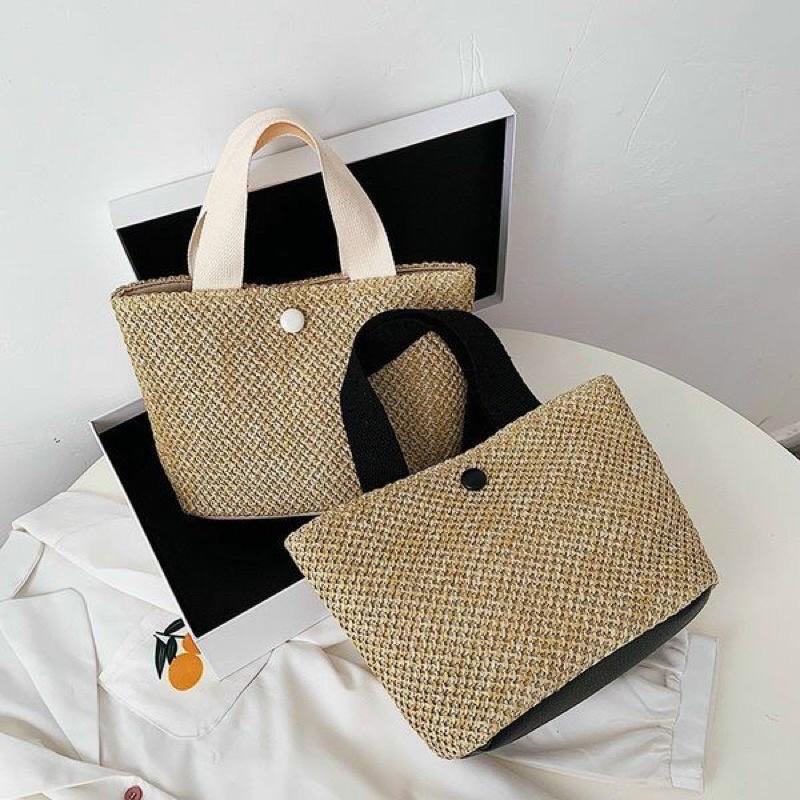 Túi xách cói du lịch style Vintage Hàn Quốc - Túi cói đi biển quai vải - Giỏ xách đi biển đi cafe chụp ảnh ngoài trời